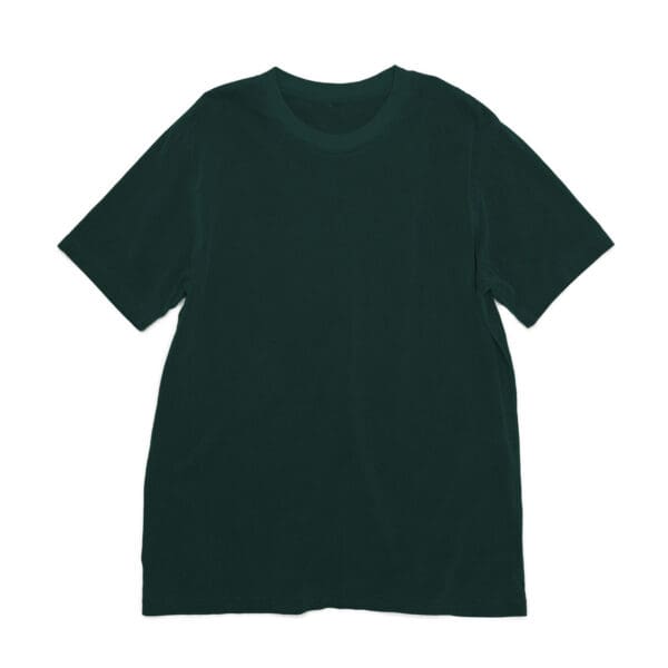 A dark green t-shirt is shown on a white background.