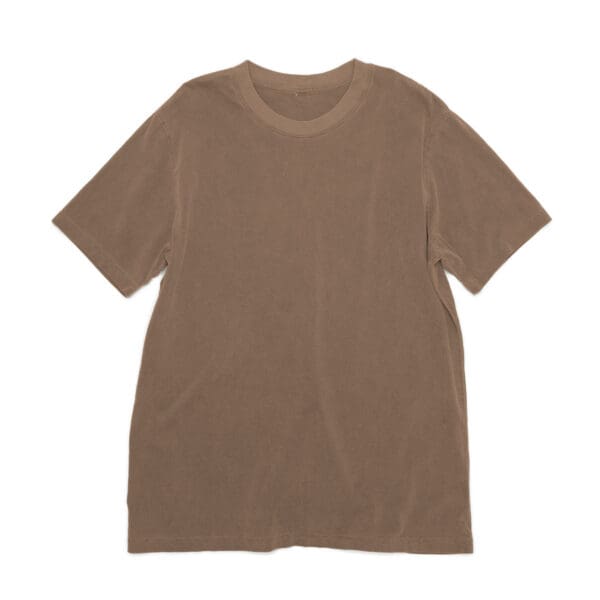 A brown t-shirt is shown on a white background.