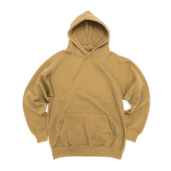 A tan colored hoodie is shown on a white background.