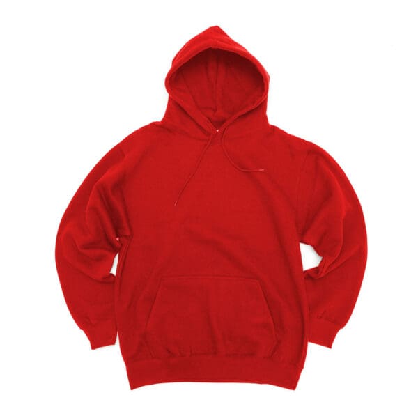 A red hoodie is shown with no hood.