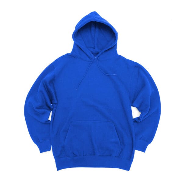 A blue hoodie is shown with no hood.