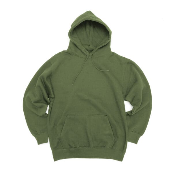 A green hoodie is shown with no hood.