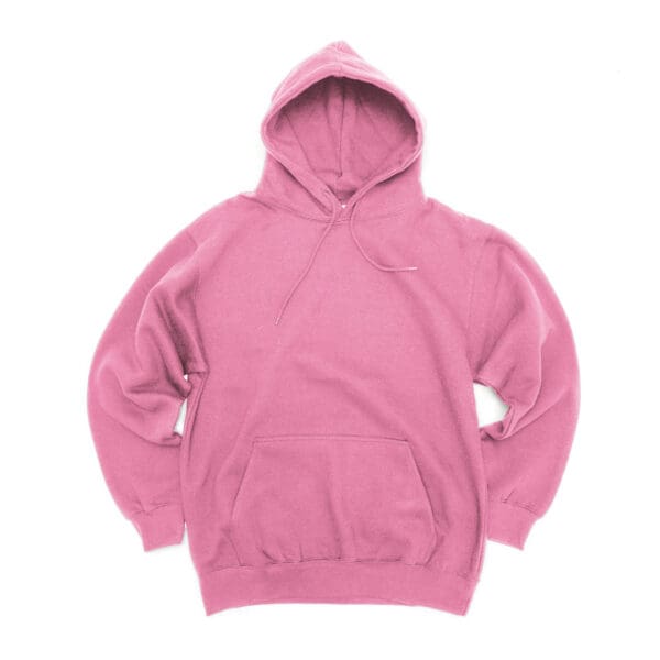 A pink hoodie is shown with no hood.