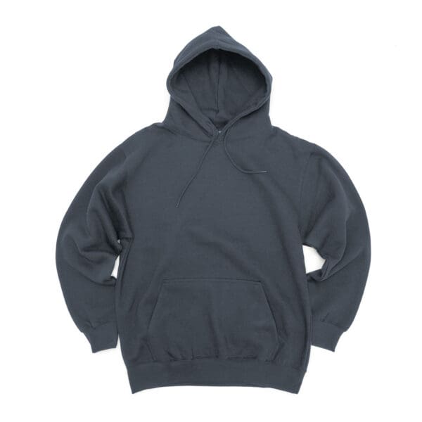 A dark colored hoodie is shown with no hood.