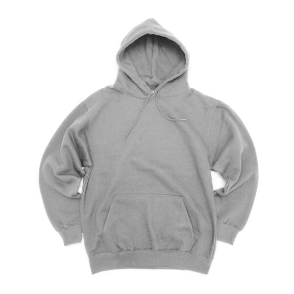 A gray hoodie is shown with no hood.