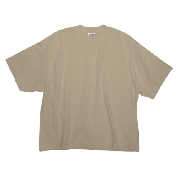 A tan t-shirt is shown on a white background.