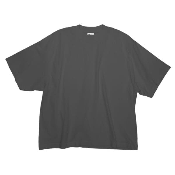 A black t-shirt is shown on a white background.