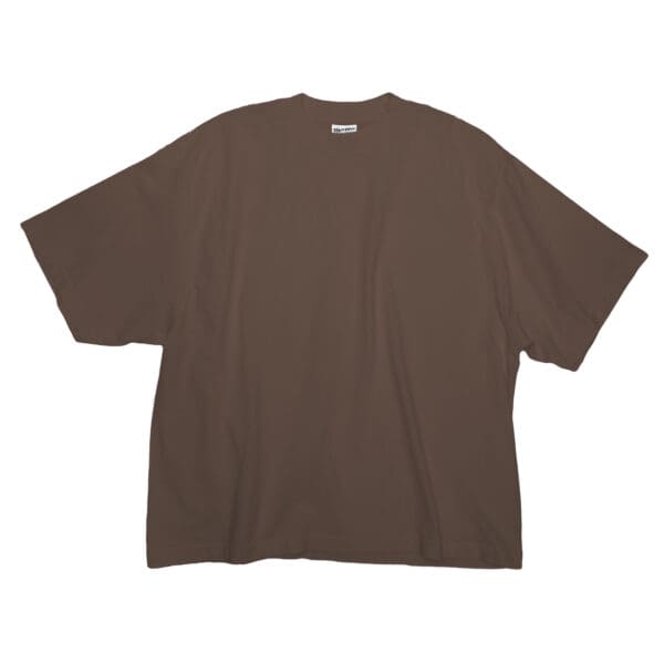 A brown t-shirt is shown on a white background.