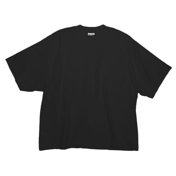 A black t-shirt is shown on a white background.