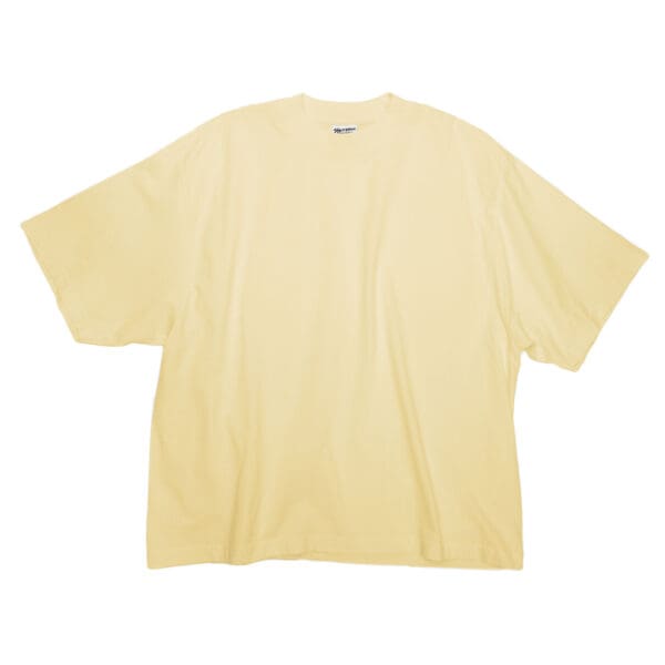 A yellow t-shirt is shown on a white background.