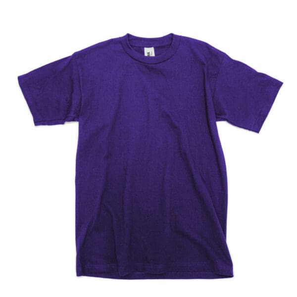 A purple shirt is shown with no collar.