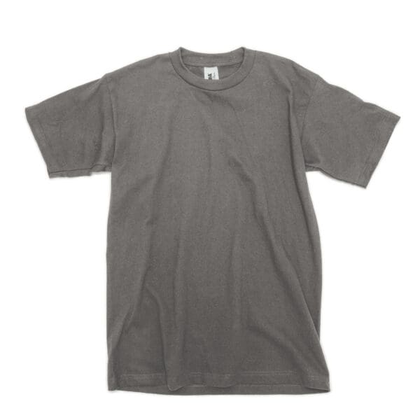 A gray t-shirt is shown on a white background.