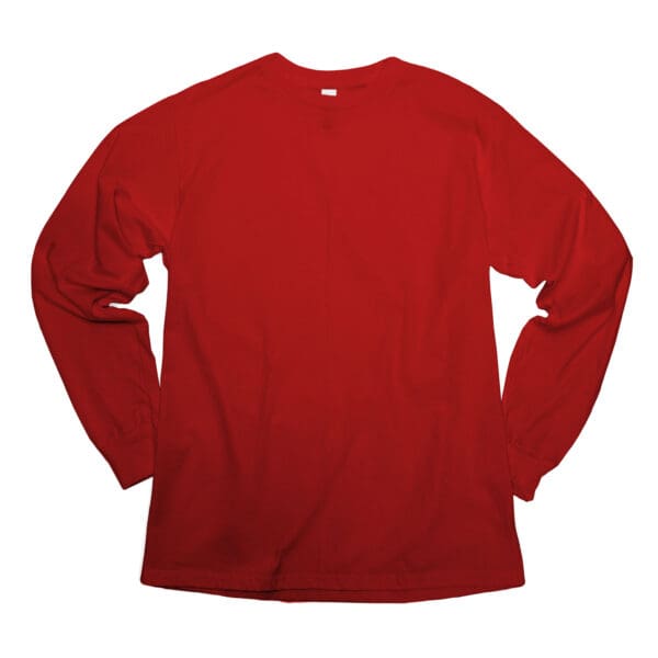 A red long sleeve shirt is shown.