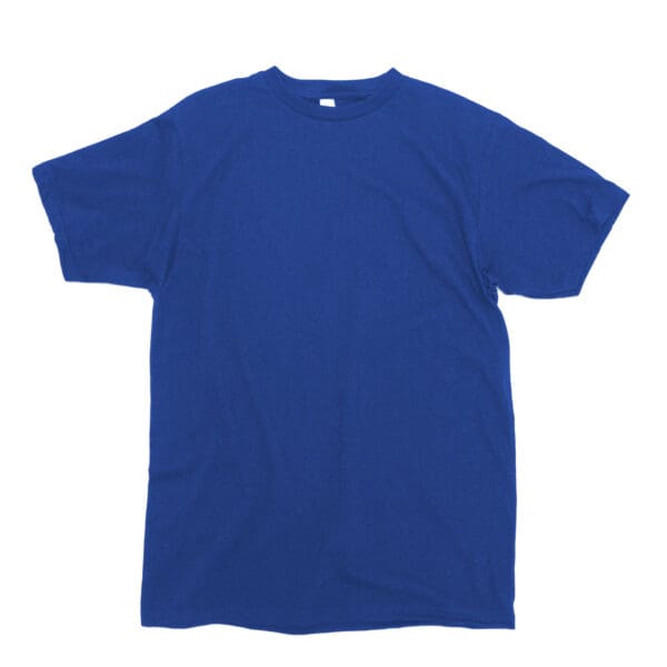 A blue t-shirt is shown on a white background.