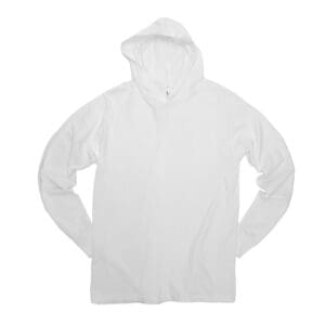 A white hoodie with a large front pocket.
