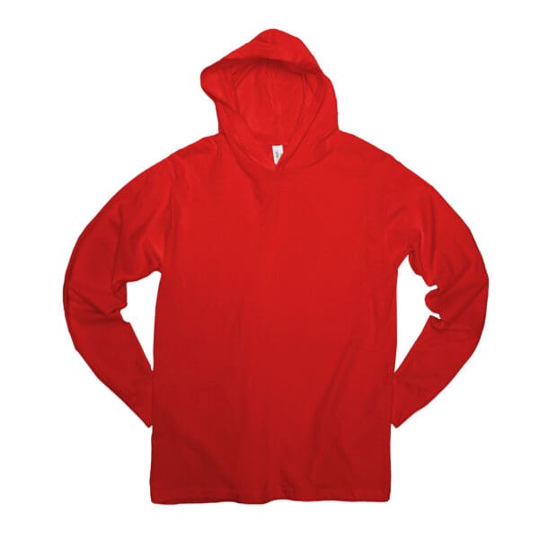 A red hoodie with a hood up.