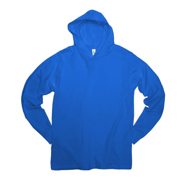 A blue hoodie with a white logo on it.