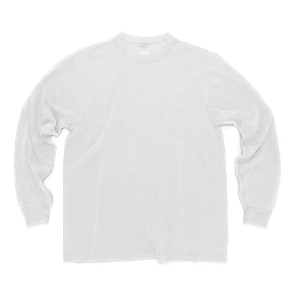 A white long sleeve shirt with a small logo on it.