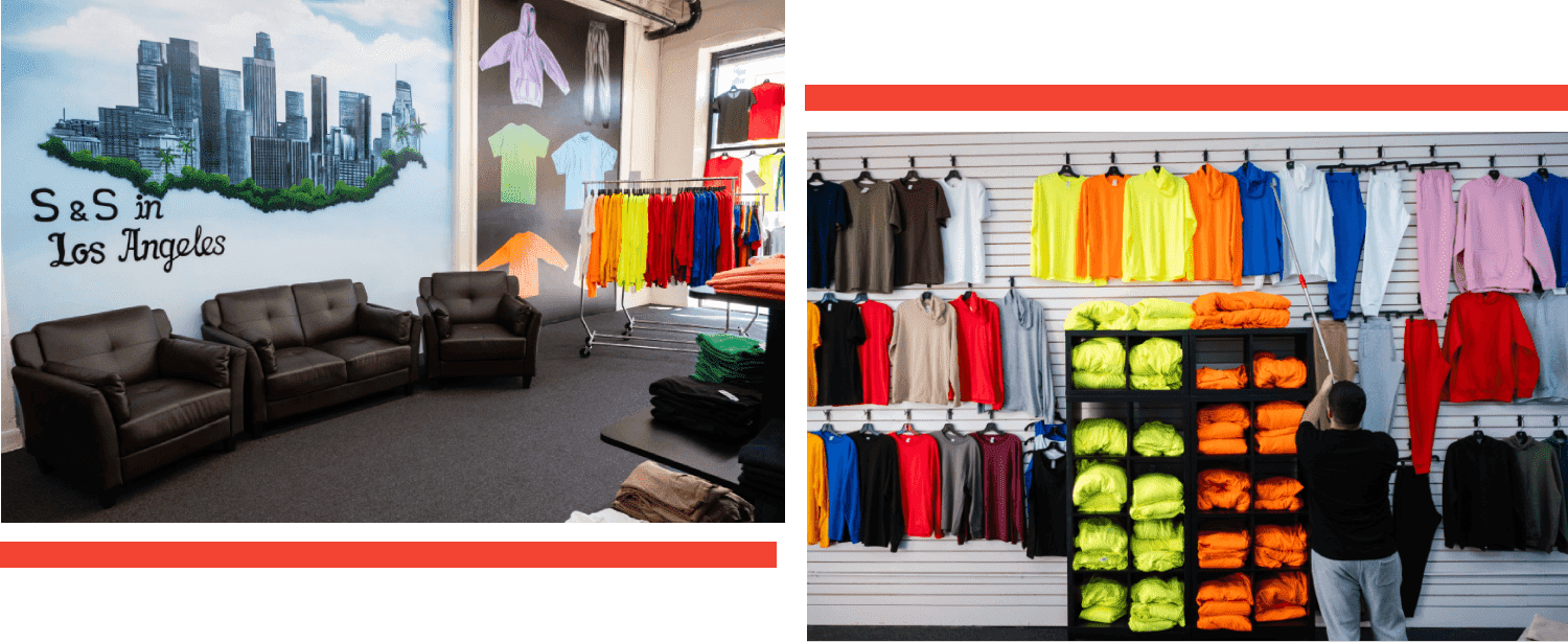 A room with several different colored shirts hanging on the wall.