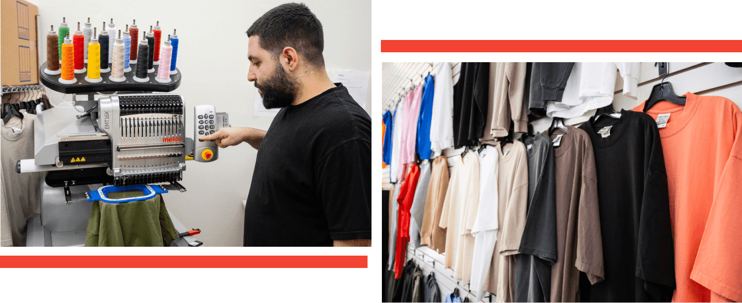 A man is looking at the clothes hanging in a closet.